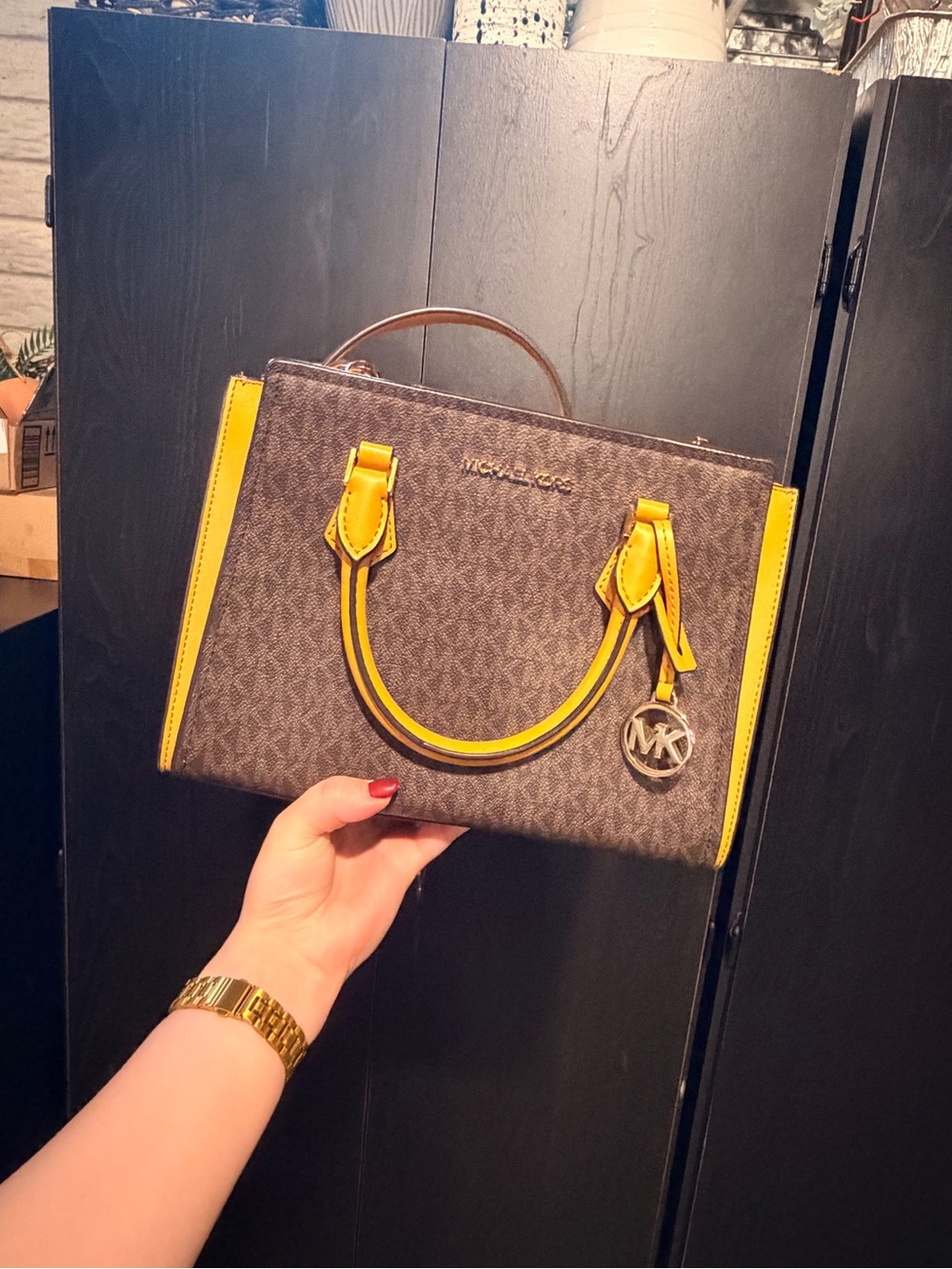 Michael Kors Brown Signature Satchel with Yellow Trim